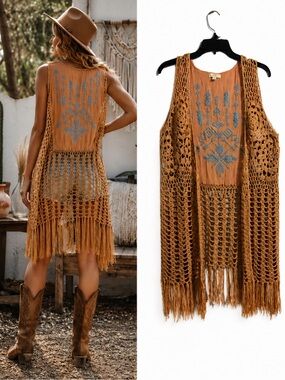 Kori Tan Crocheted Textured Turquoise Embroidered Fringe Open Front Western Vest